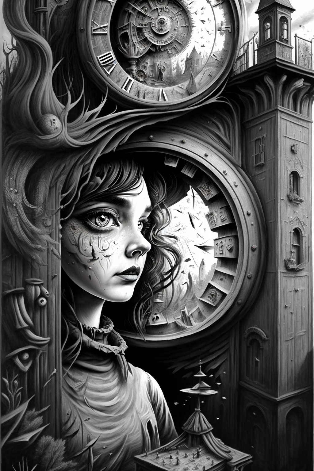 01597-163996090-illx1, girl trapped in a giant clock, black and white _lora_illx1_1_.png